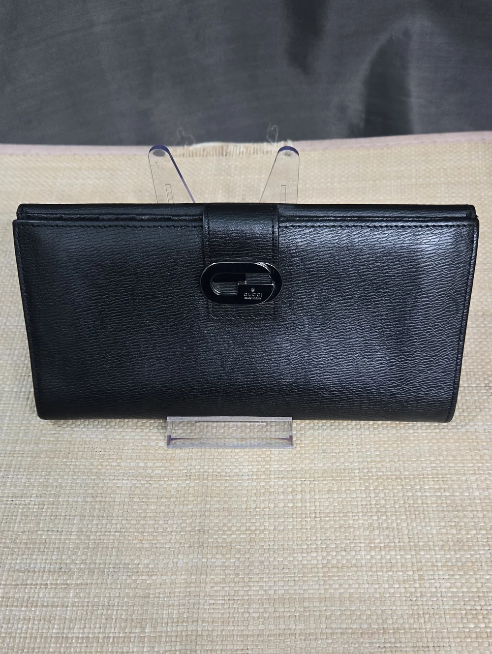 Gucci Black Leather Continental Wallet with Gunmetal Logo Plate